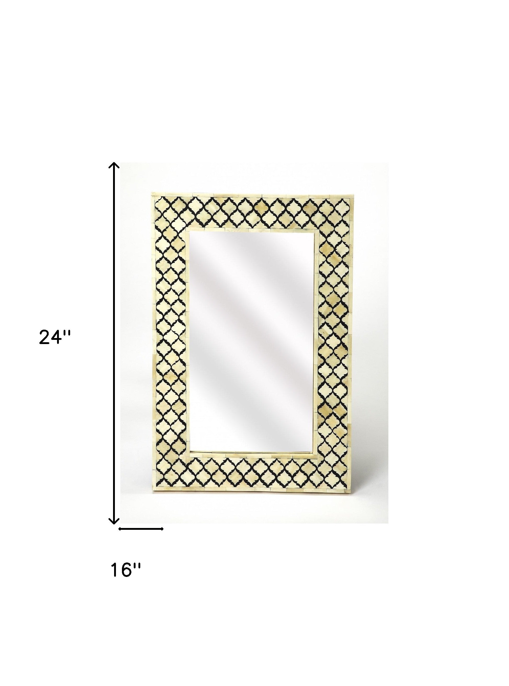 Ivory and Black Quatrefoil Bone Inlay Framed Wall Mirror | 16