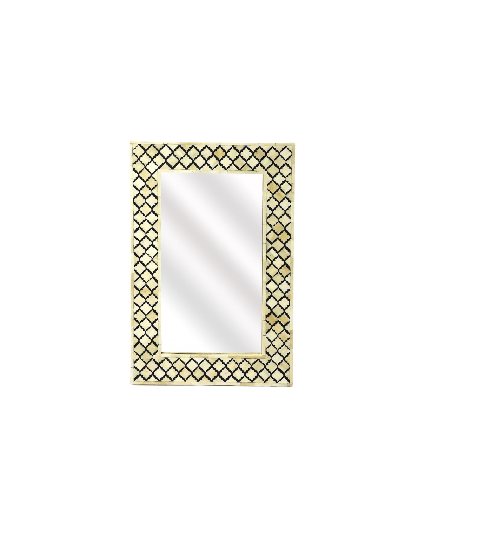 Ivory and Black Quatrefoil Bone Inlay Framed Wall Mirror | 16