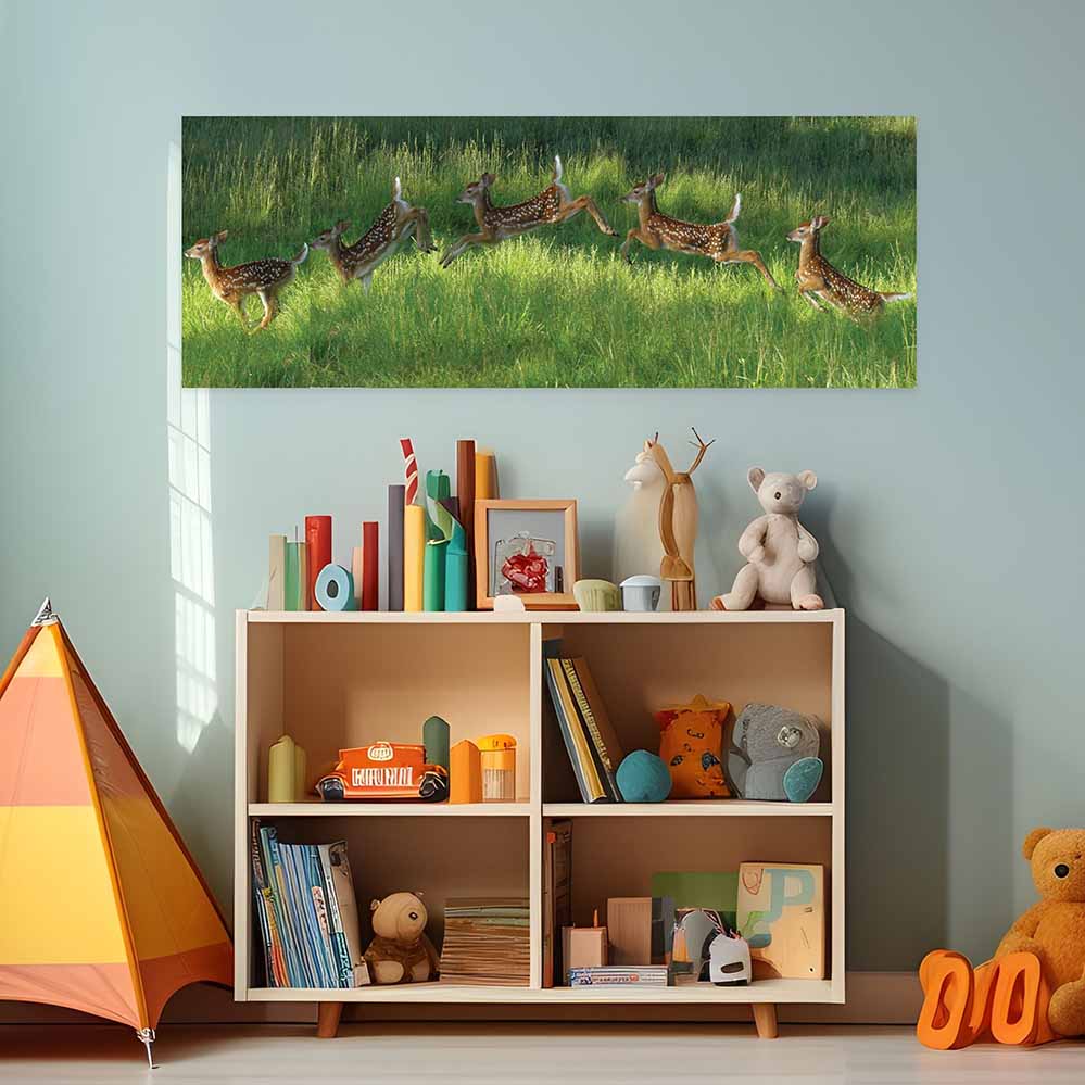 48 inch Poconos Fawn Jumping Panoramic Decal Installed Above Toy Shelf