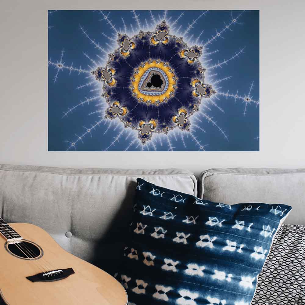 48 inch Golden Mandelbrot Art Poster Displayed Above Sofa