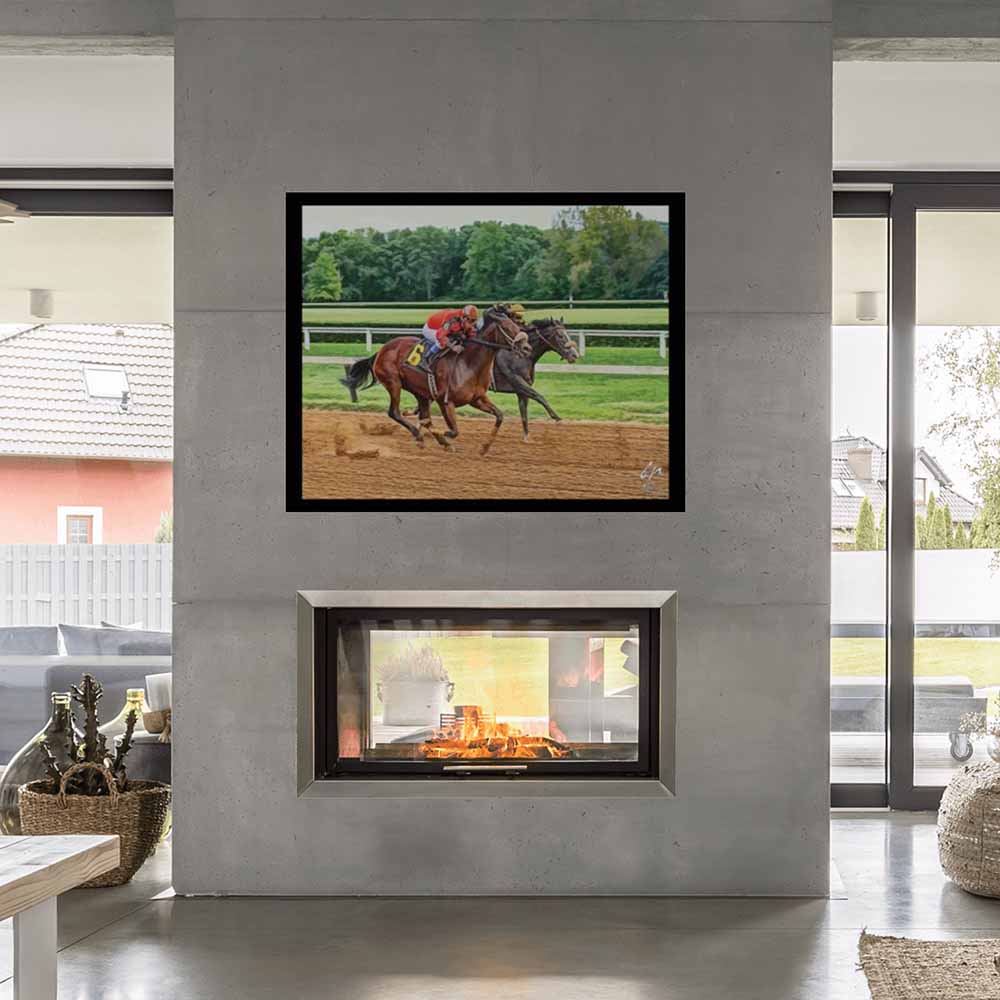 38.5x48 inch Neck in Neck Horse Race Decal Installed Over Fireplace