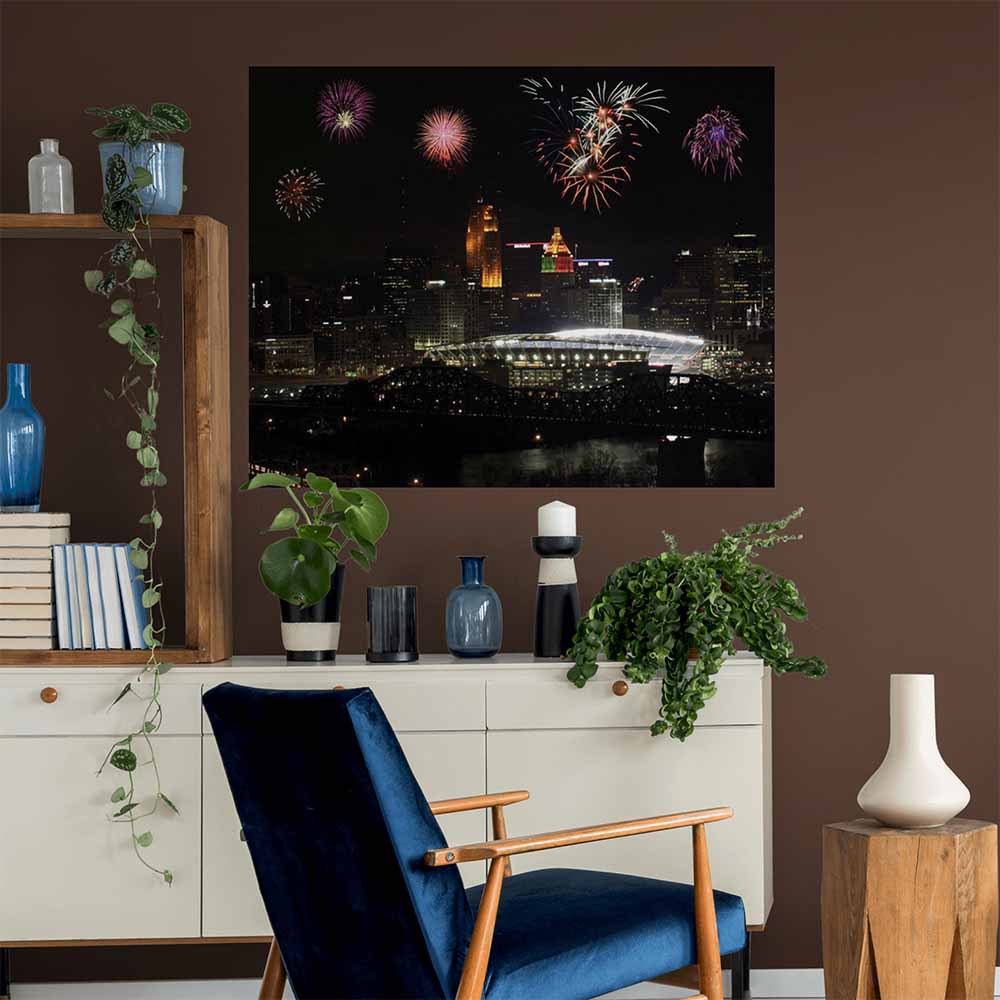 38..5x48 inch Paul Brown Stadium Fireworks Decal Installed Above Console Table
