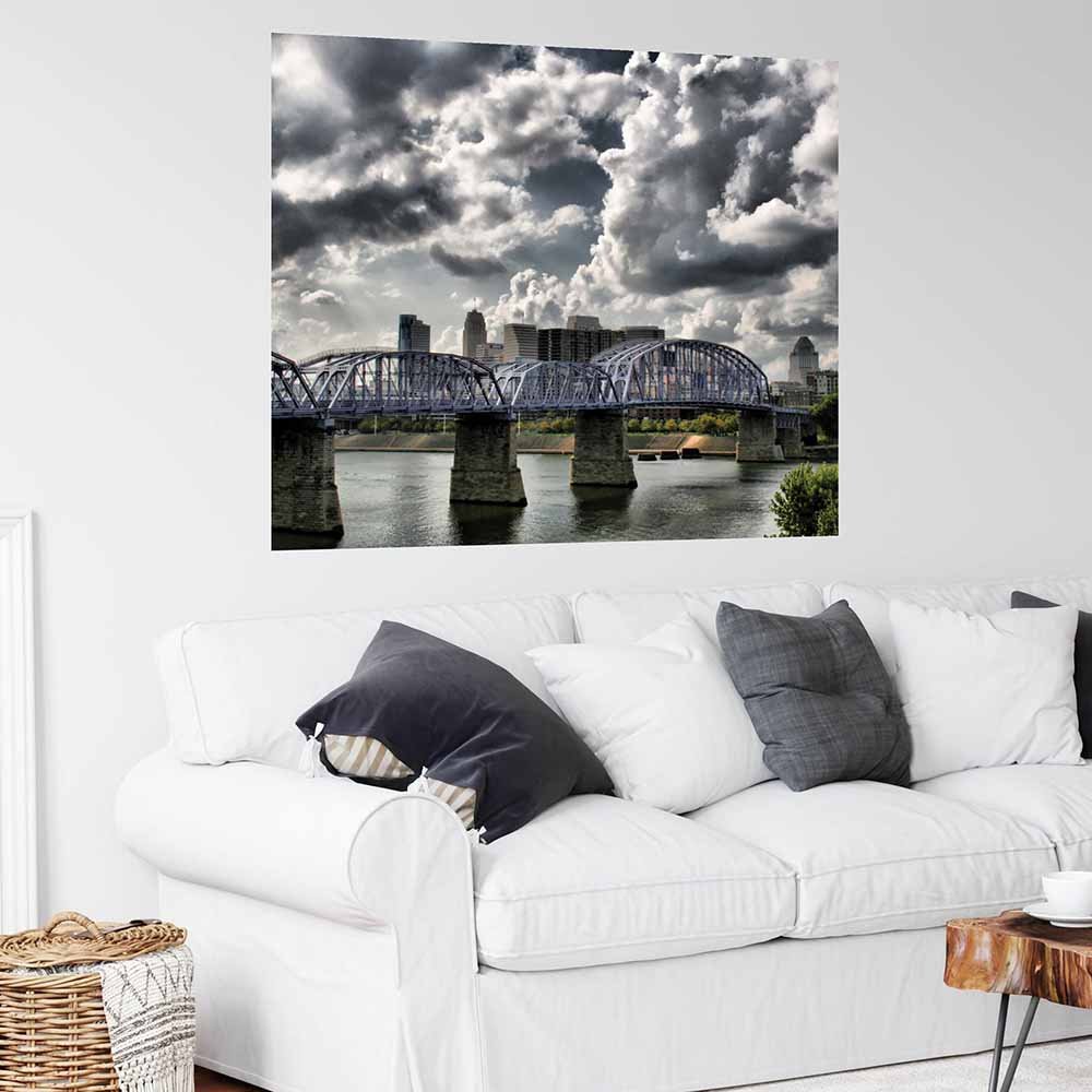 38x48 inch Purple Bridge Decal Installed Above Sofa