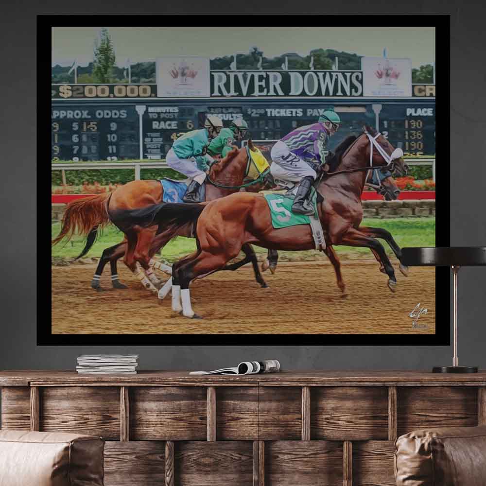 38.5x48 inch River Downs Horse Race Decal Installed Above Console Table