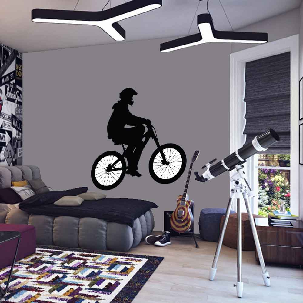 48 inch BMX Silhouette Wheelie Wall Decal Installed in Teen Boys Room