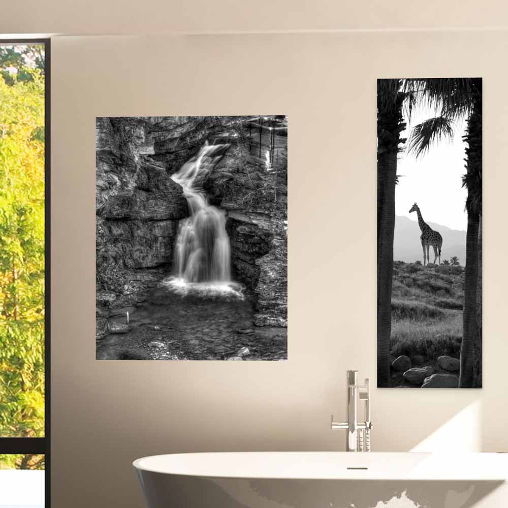 48 inch Black & White Painterly Waterfall Poster Displayed in Bathroom