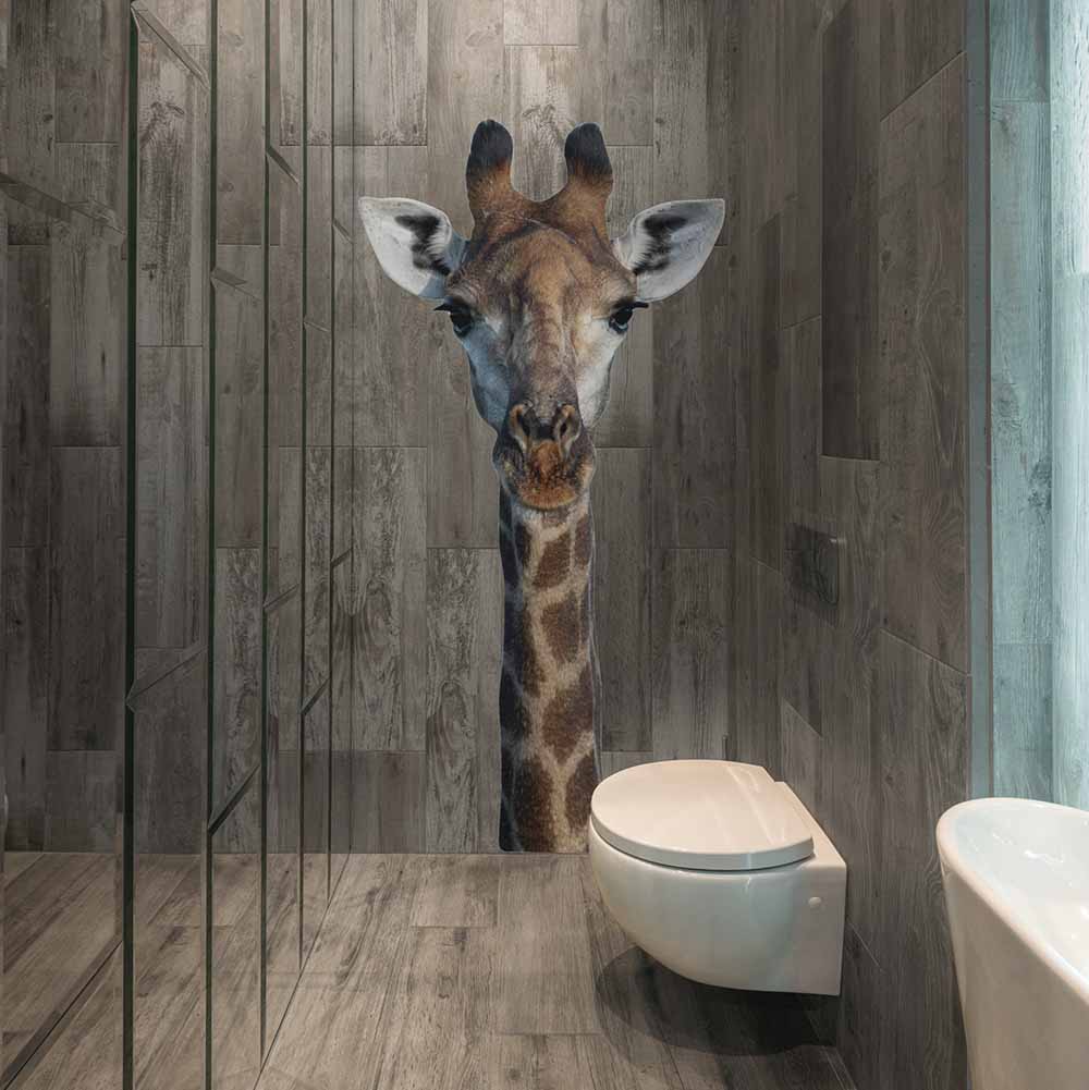 24x48 inch Die-Cut Giraffe Decal Installed in Bathroom