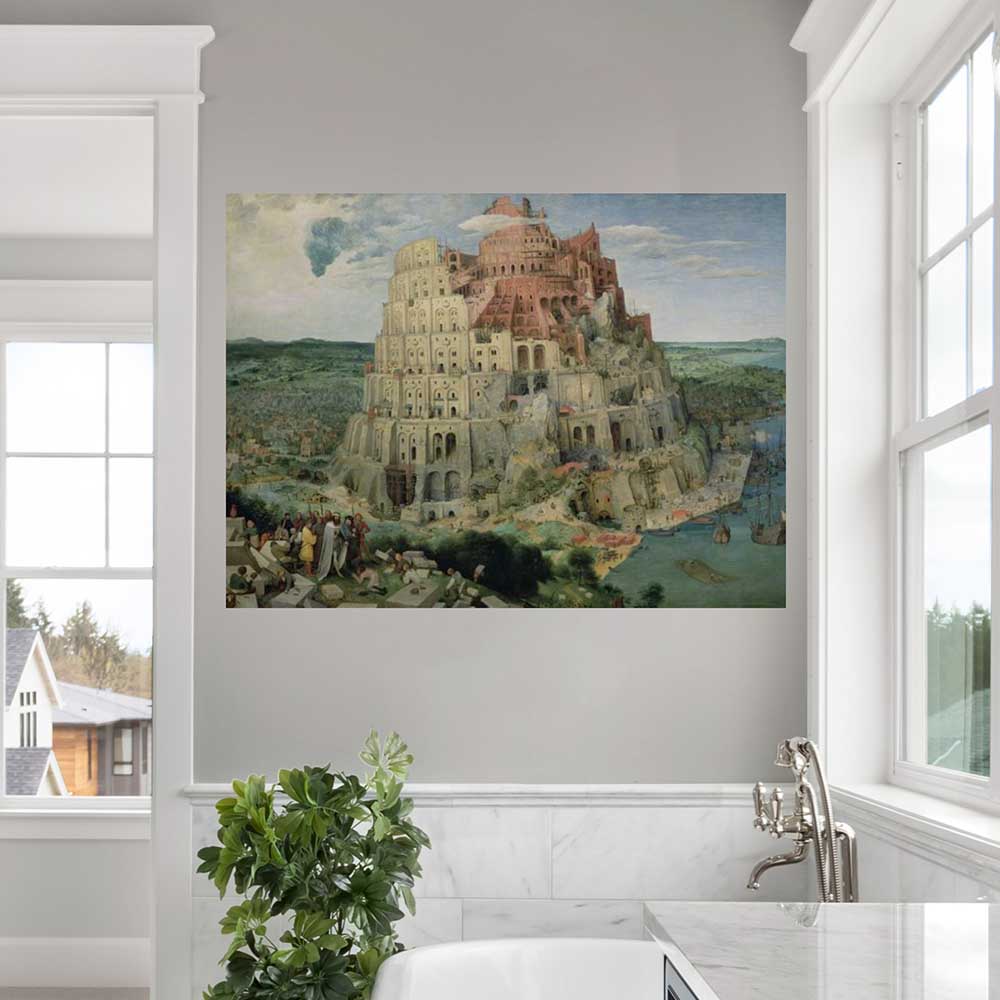 35.5x48 Tower of Babel Poster Displayed in Bathroom