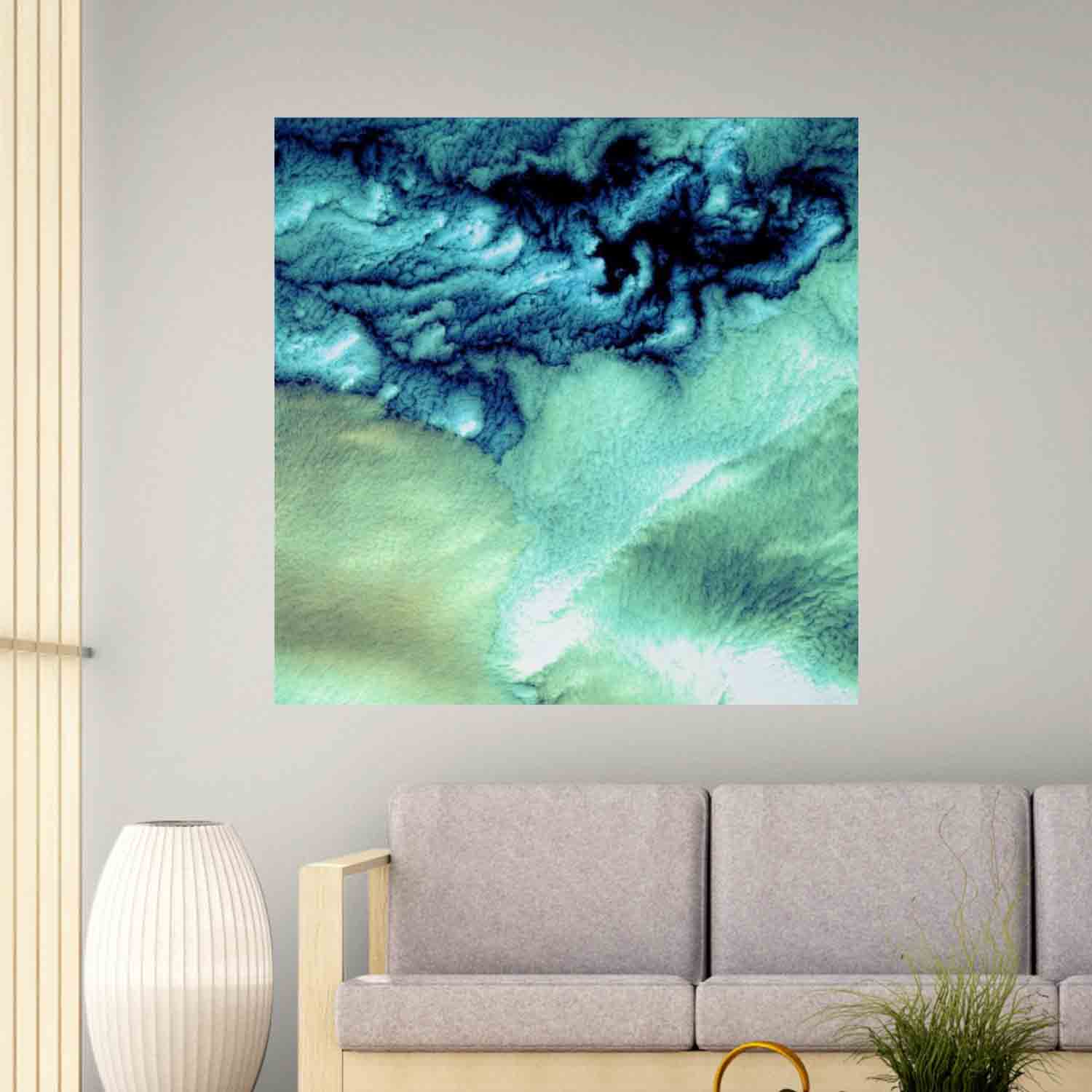 48x48 inch Aleutian Cloud Cover Satellite Poster Displayed Above Sofa