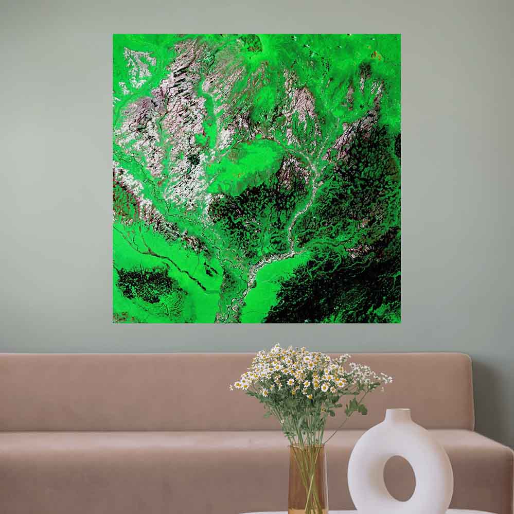 48x48 inch Araca Satellite Image Poster Displayed Above Sofa