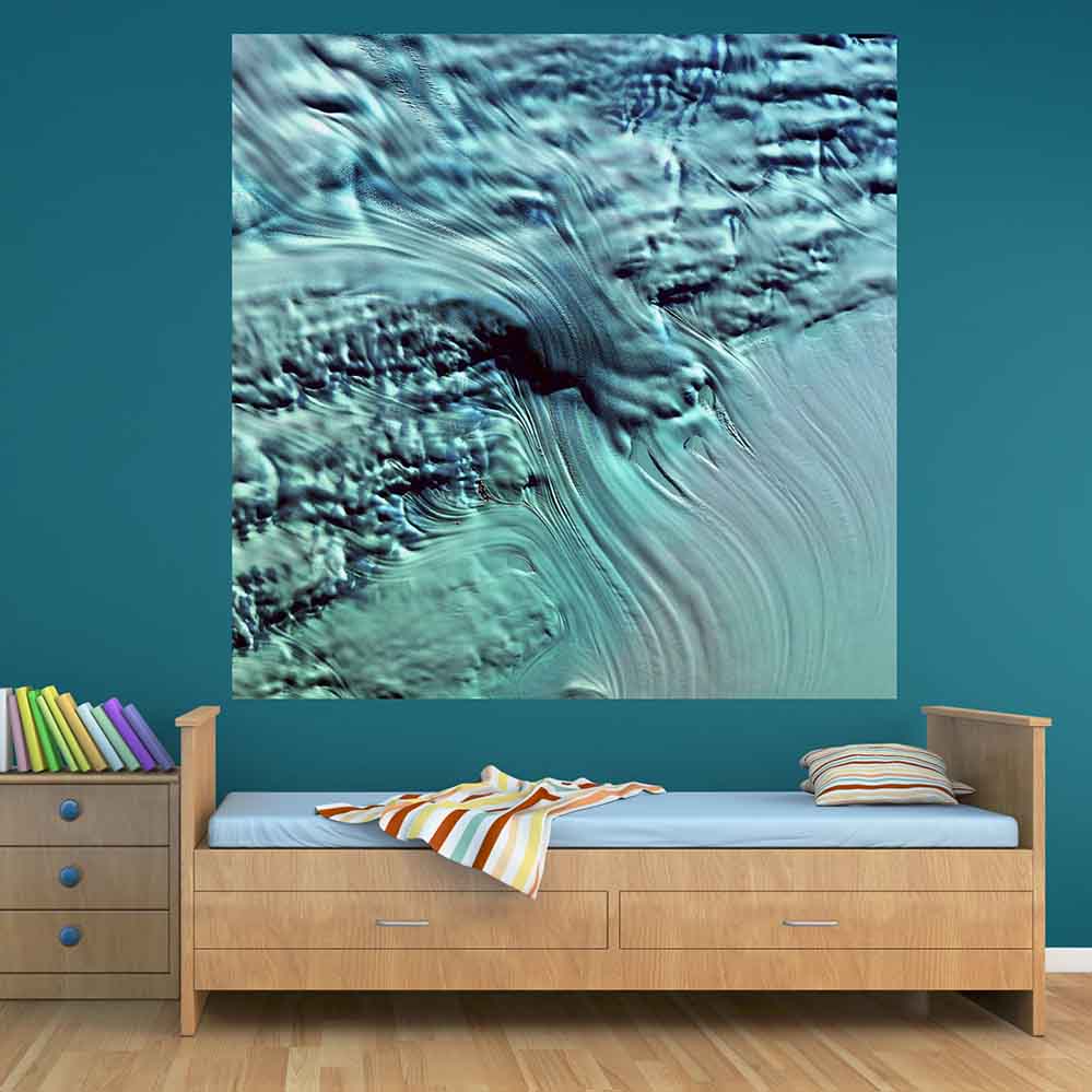 48x48 inch Icefall Satellite Poster Displayed Above Bed