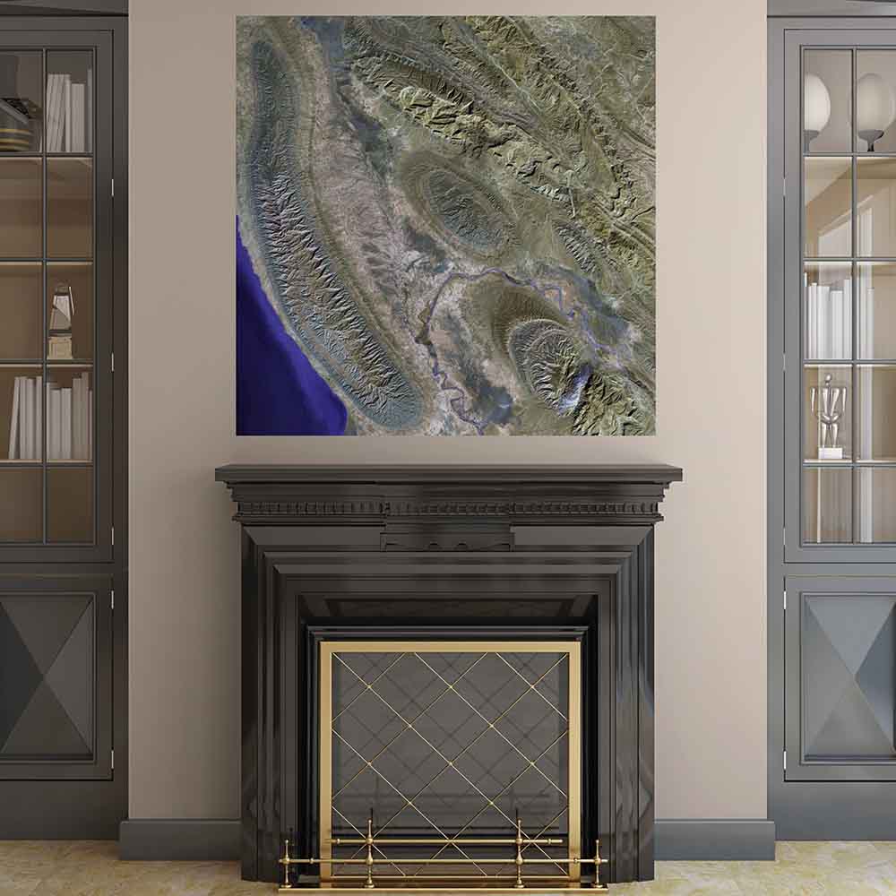 48x48 inch Iran Satellite Poster Displayed Above Fireplace