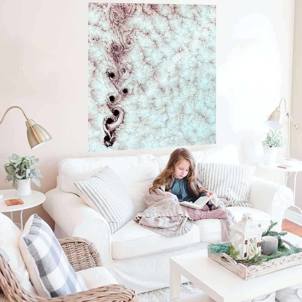 48x48 inch Karman Vortices Cloud Satellite Decal Installed Above Sofa