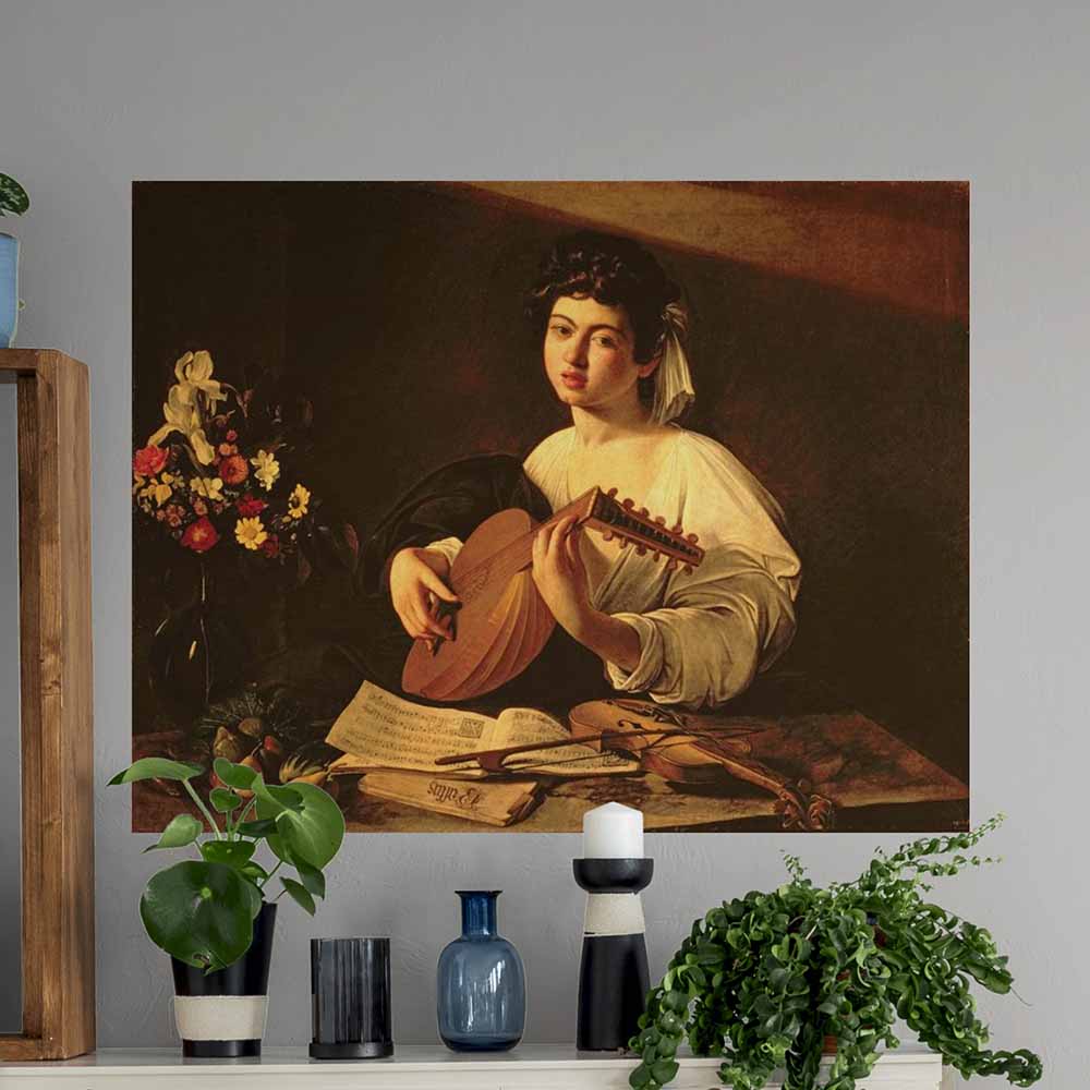 35.5x48 The Lute Player Poster Displayed Above Fireplace