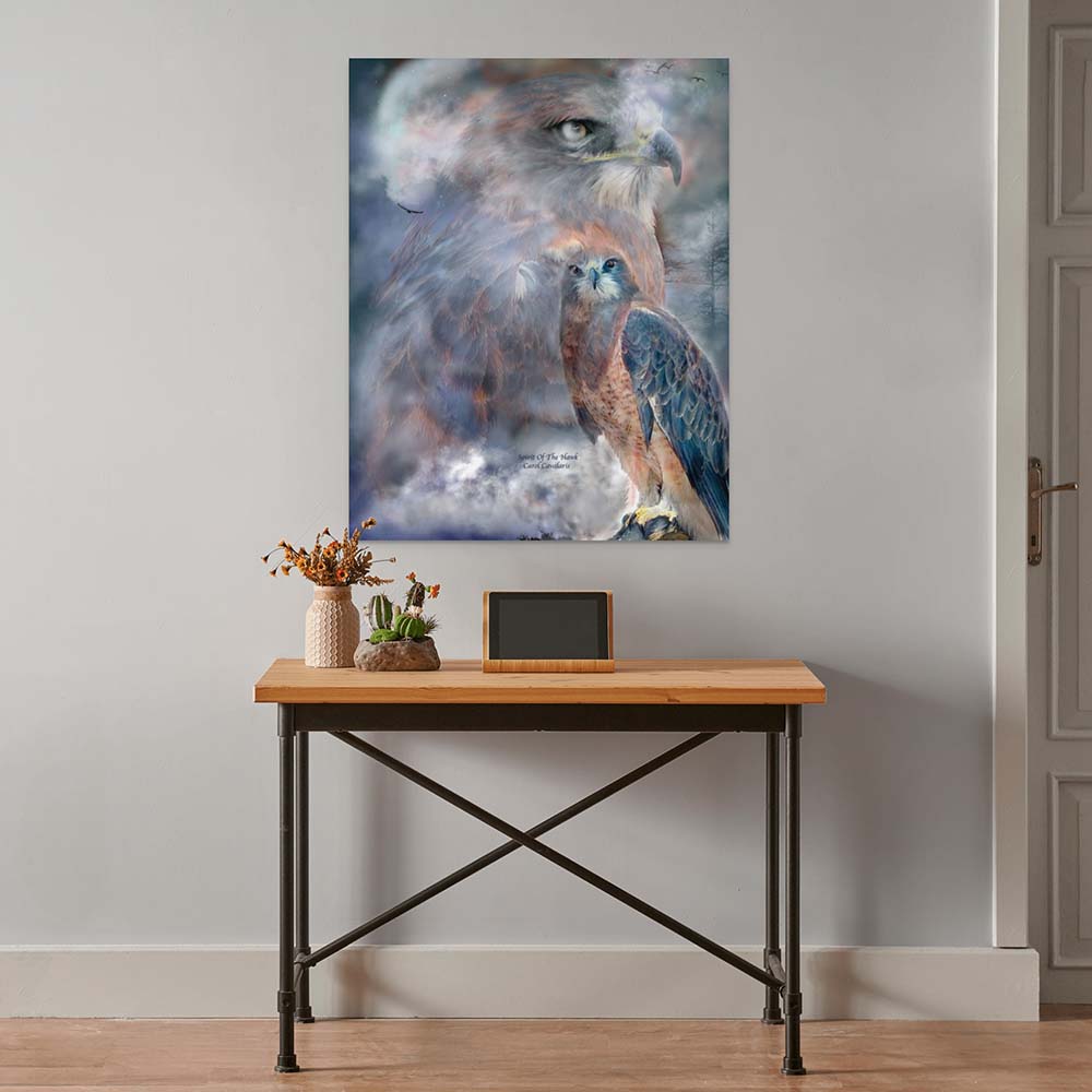 38x48 Spirit of the Hawk Poster Displayed Above Console Table