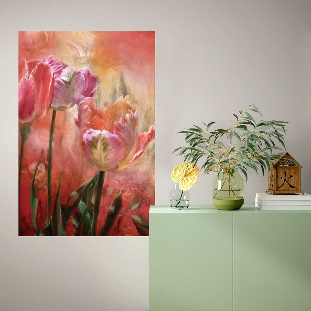 32x48 inch Tulips Colors Of Love Poster Displayed Above Cabinet