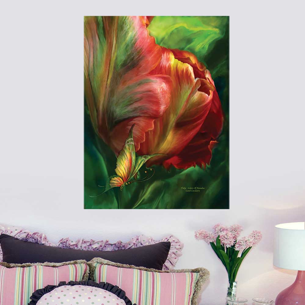 36x48 inch Tulips Colors Of Paradise Poster Displayed Above Bed