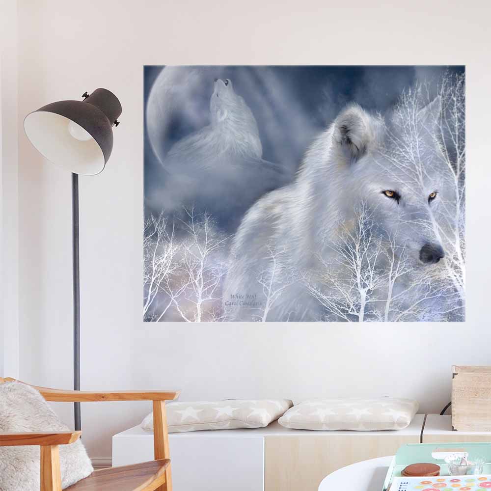 38.5x48 White Wolf Poster Displayed Above bench