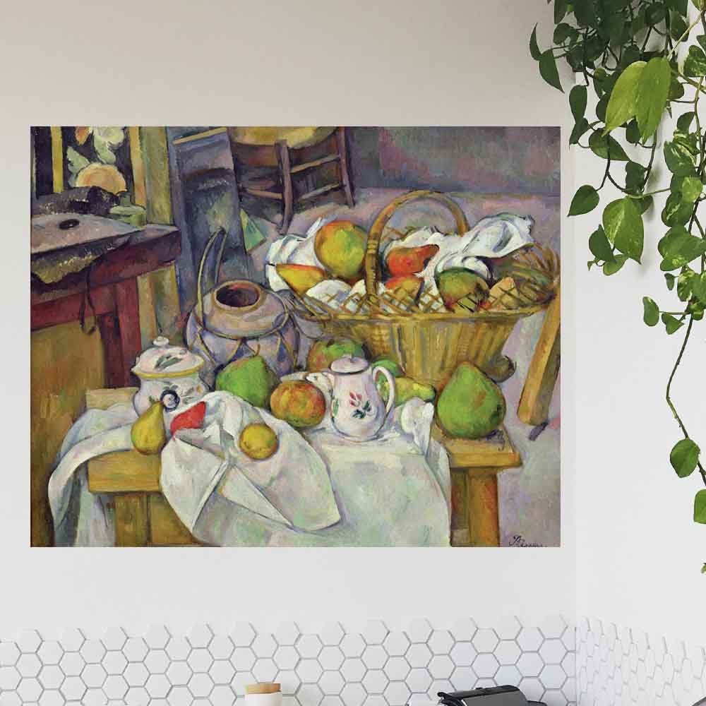 48 inch Still Life with Basket Displayed Above Tiled Backsplash