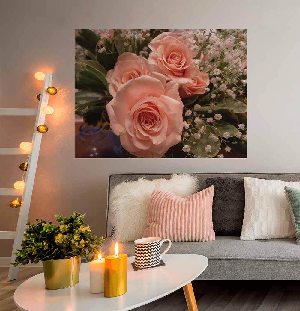 36x48 inch Peach Rose Poster Displayed Above Sofa