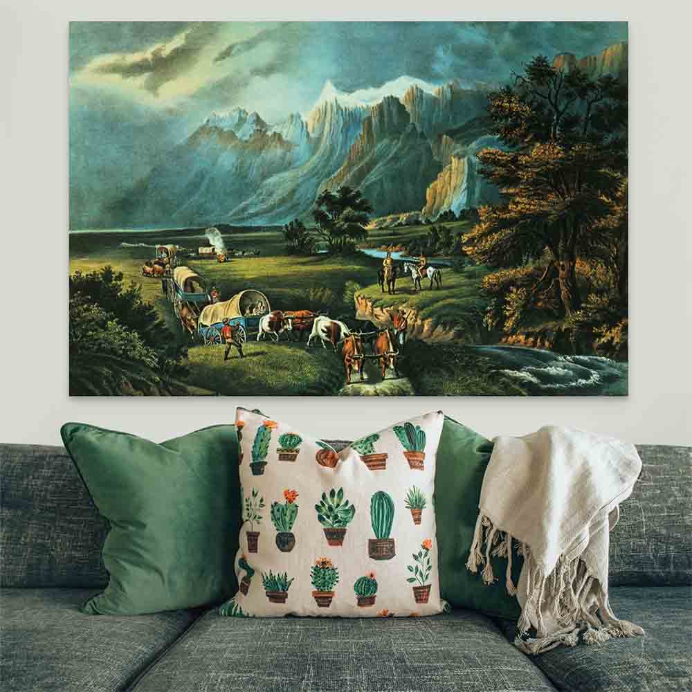 48 inch Emigrants Crossing the Plains Poster Displayed Above Sofa