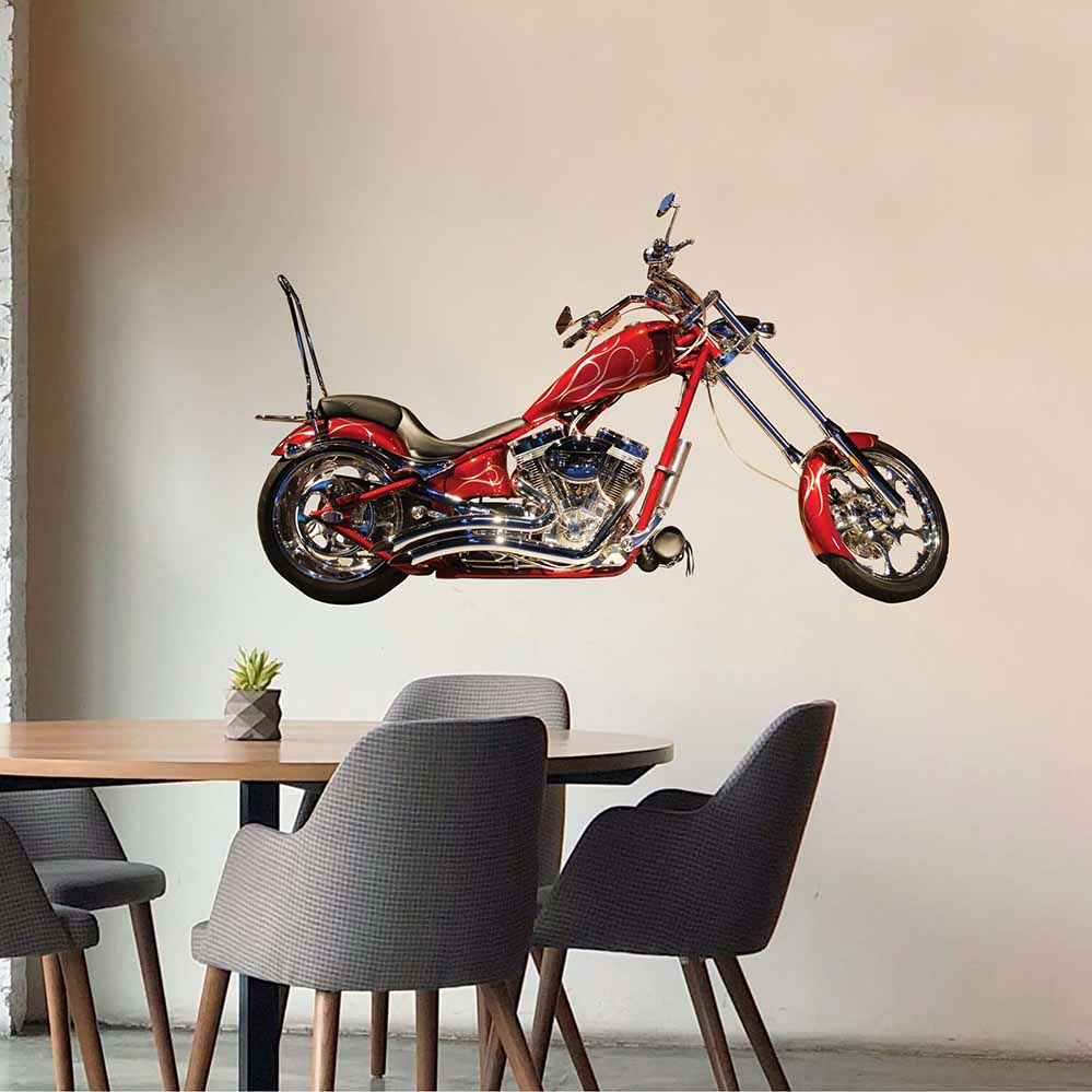 48 inch custom red flame chopper decal installed on wall in dining area