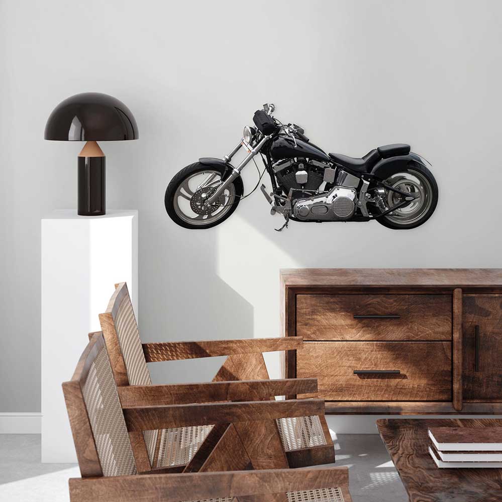 48 inch Fat Boy motorcycle decal installed on wall above credenza and next  to lamp