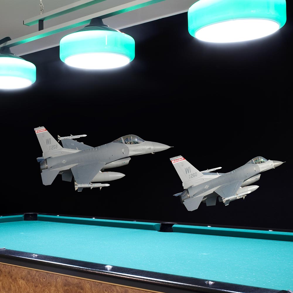 48 inch Dual F-16 Falcon Die-Cut Wall Decals Installed in Man Cave