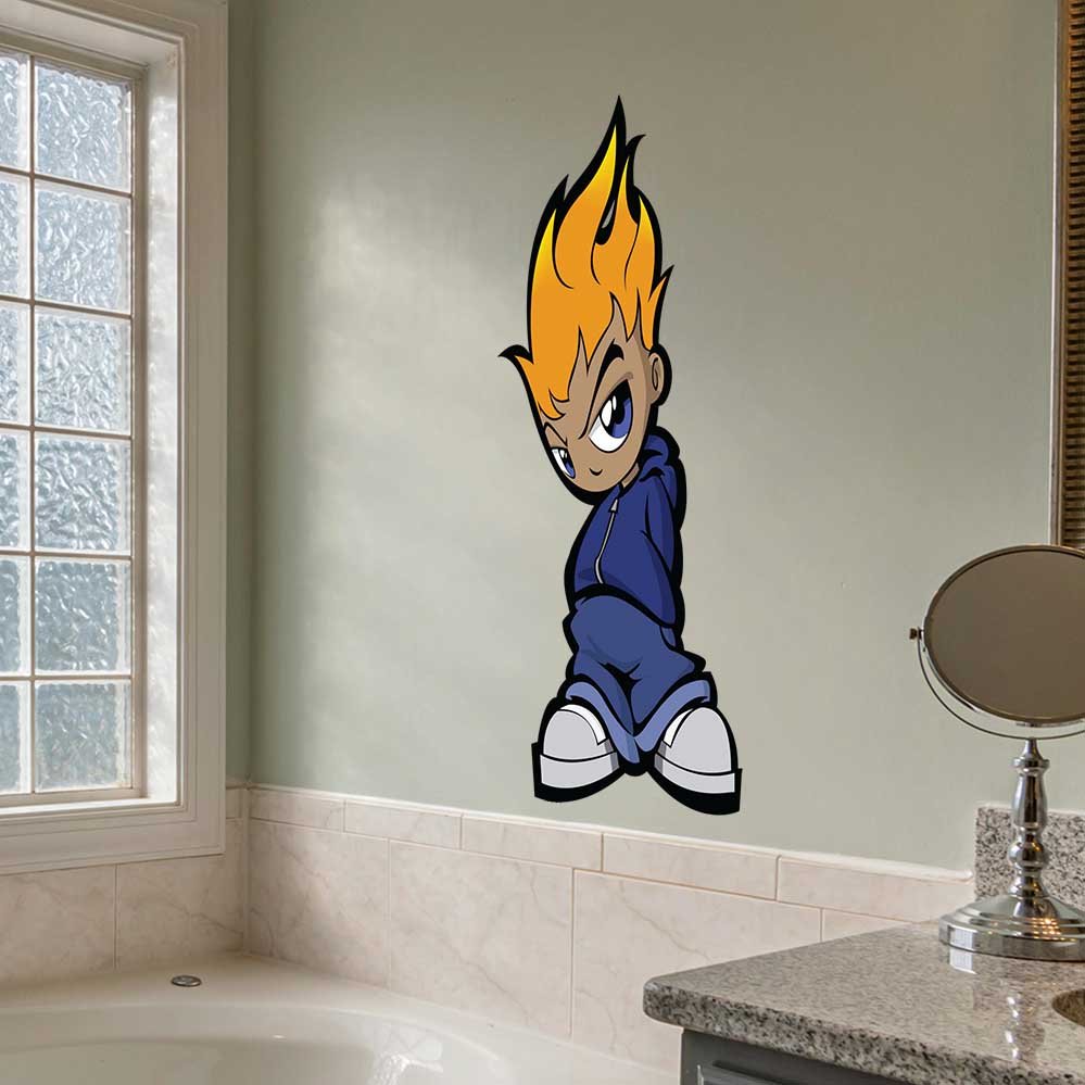 48 inch Flamehead cartoon character decal installed on a bathroom wall with a bathtub and mirror in the background.