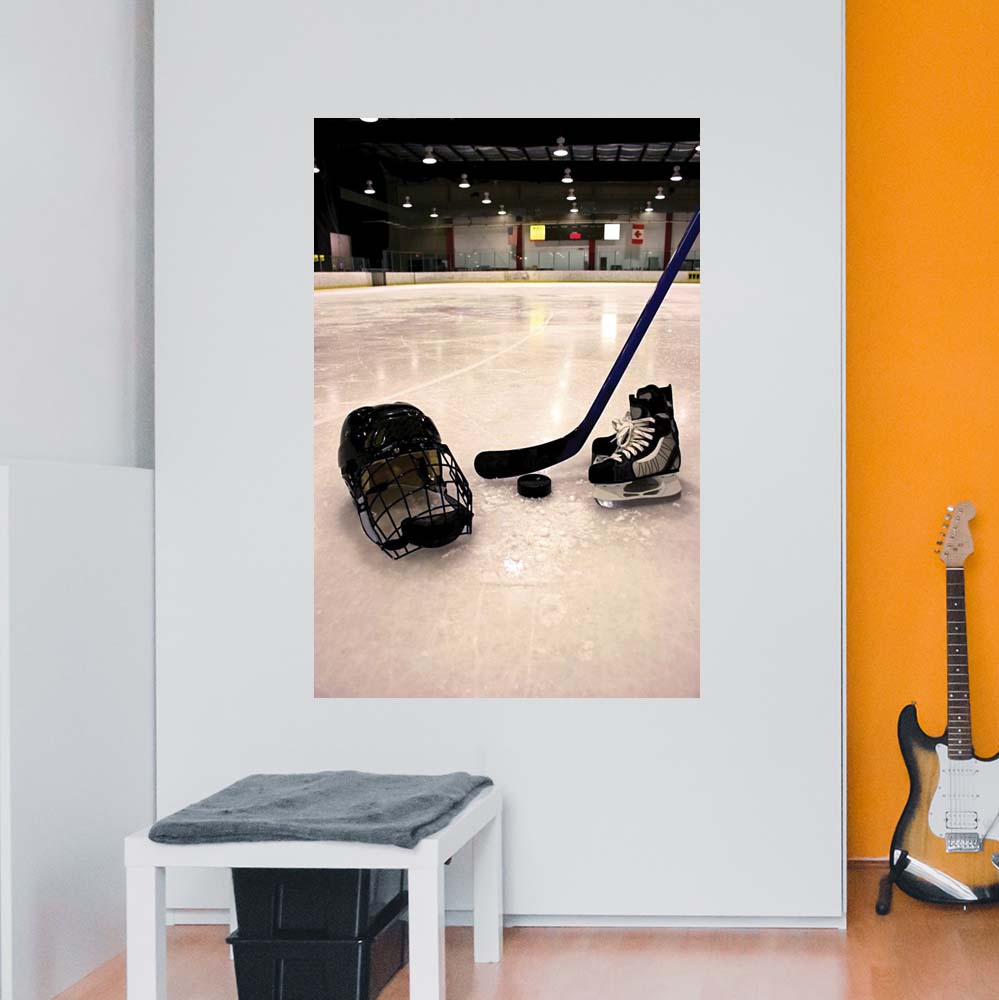 32x48 inch Hockey Equipment on Ice Poster Displayed in Teens Room