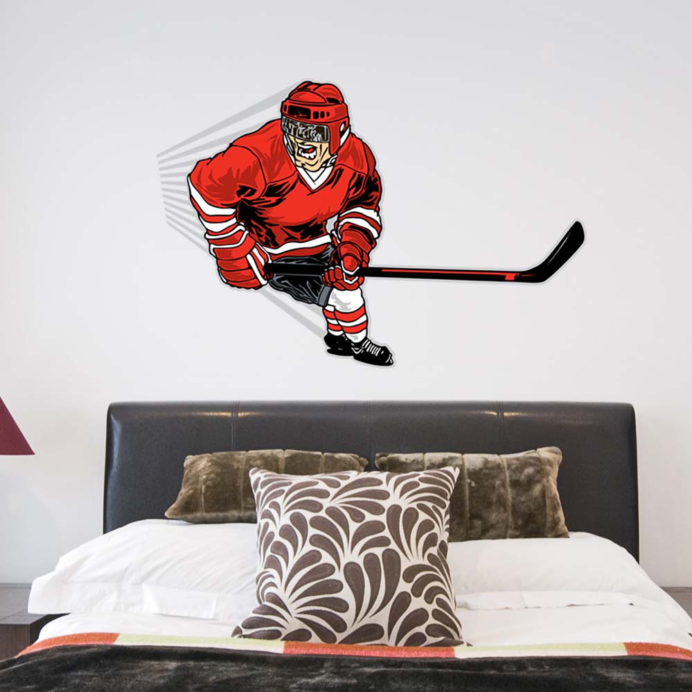 32x48 inch Hockey Player Decal Installed Above Bed