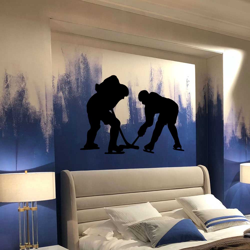 32x48 inch Hockey Player Silhouette Decal Installed Above Bed