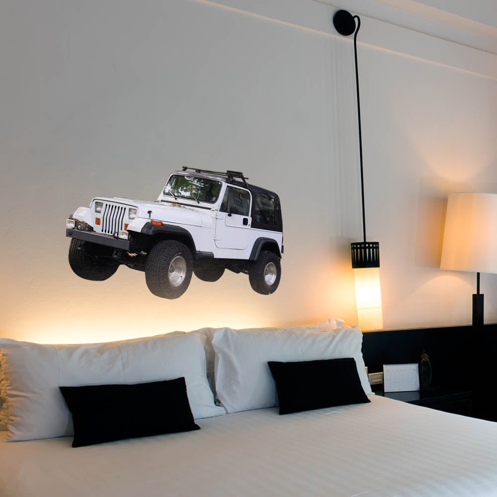 48 inch white jeep decal installed on a wall above a bed in a bedroom setting