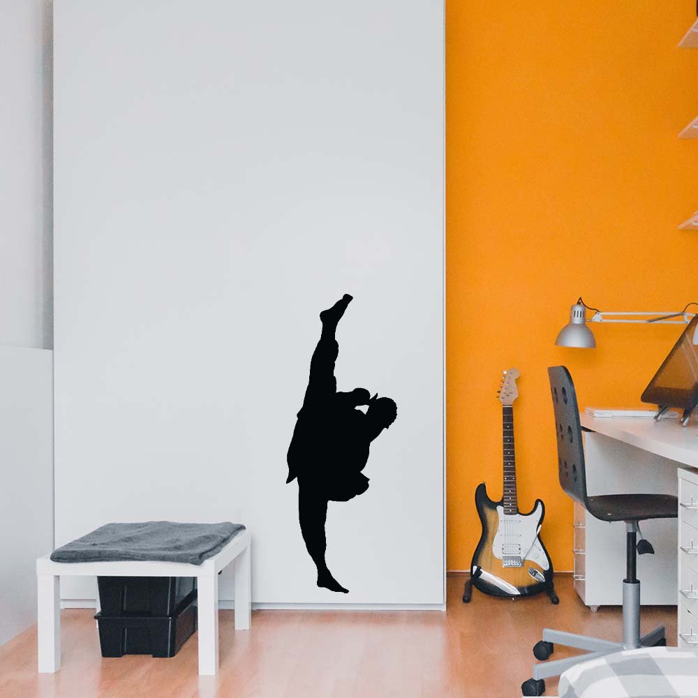 48 inch Martial Arts Extreme Side Kick Silhouette Wall Decal Installed in Teen Boys Room