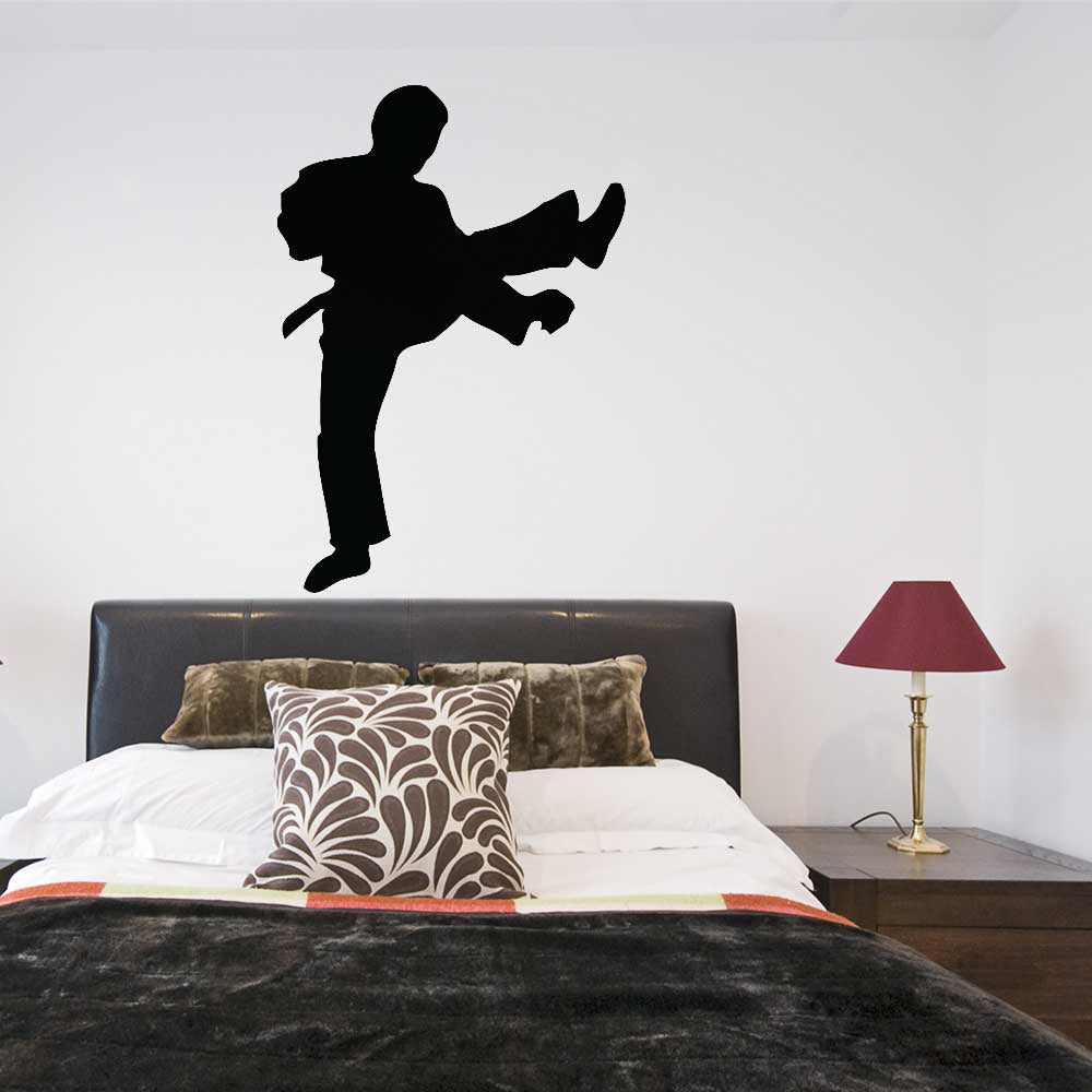 48 inch Martial Arts Kicking Silhouette Wall Decal Installed Above Bed
