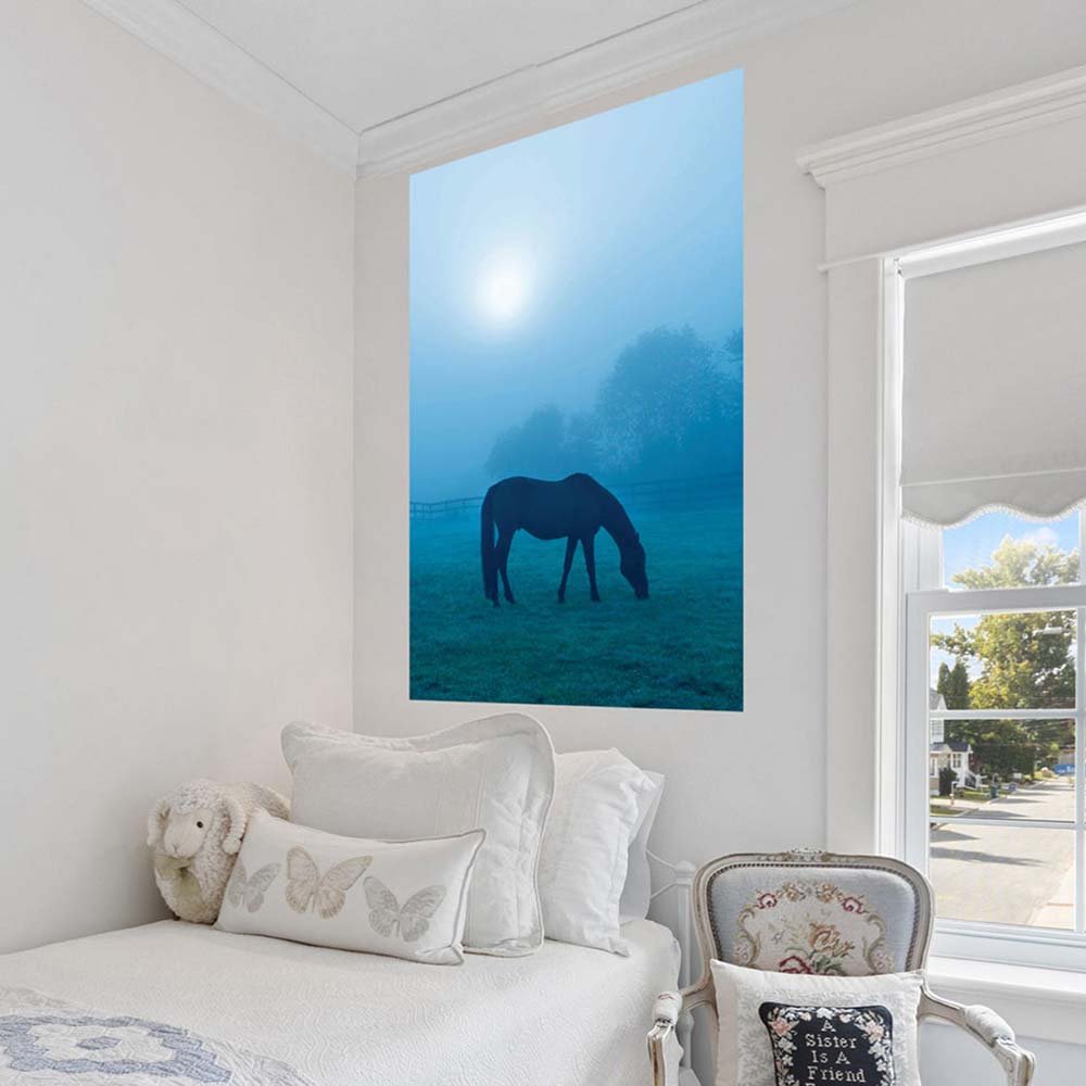 48 inch Morning Mist Horse Decal Installed Above Bed