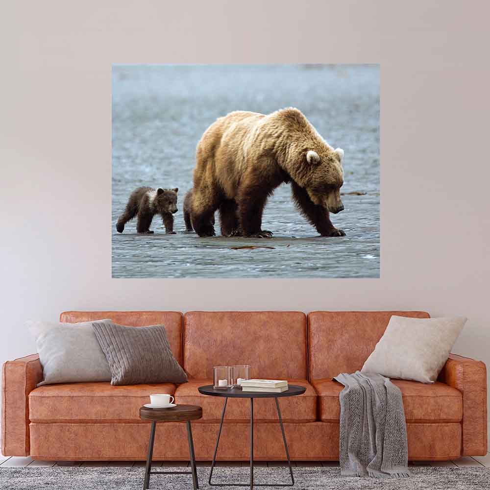 48 inch Mama & Baby Grizzly Poster Displayed in Living Room