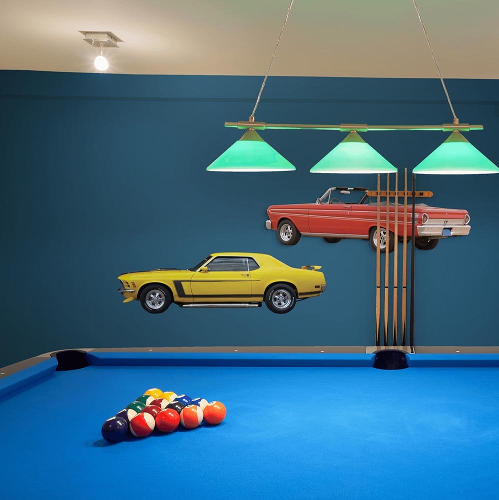 48 inch yellow mustang coupe wall decal installed in a game room next to pool table
