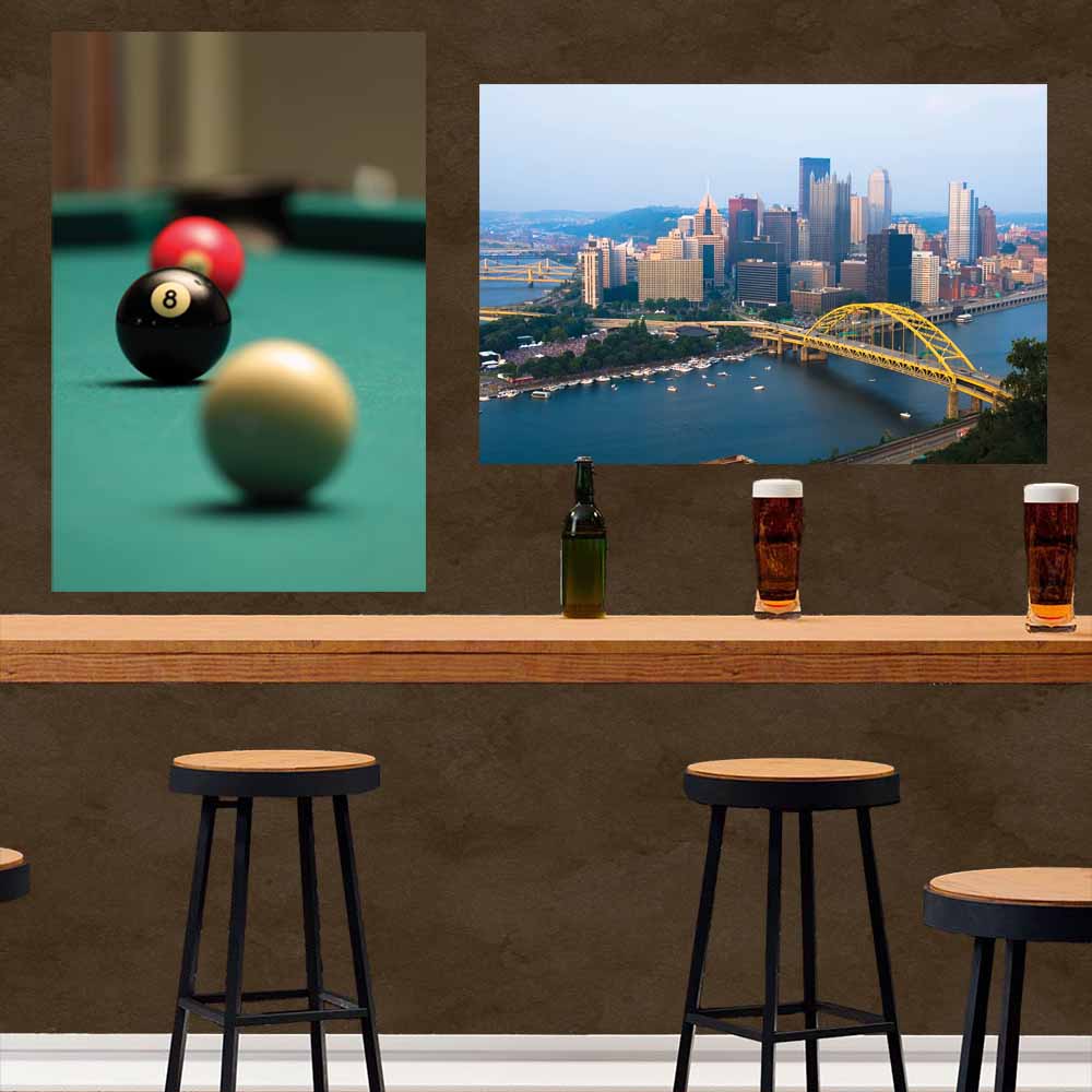 32x48 inch City of Pittsburgh Poster Displayed Behind Bar