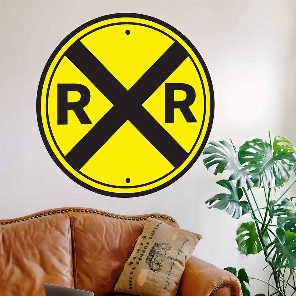 48 inch Railroad Crossing Sign Wall Decal Installed Above Sofa