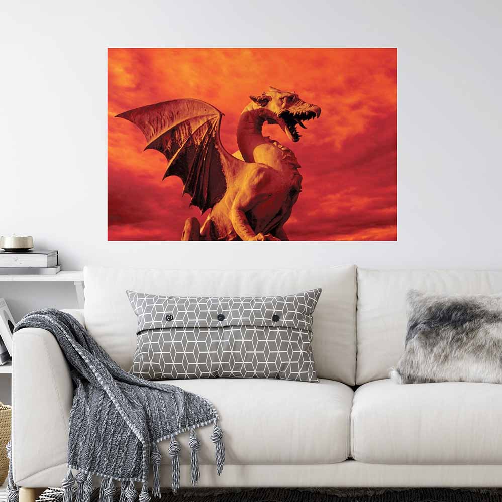 32x48 inch Red Dragon Decal Installed Above Sofa