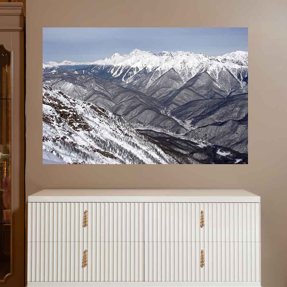 32x48 inch Snowy Mountain Poster Displayed Above Dresser