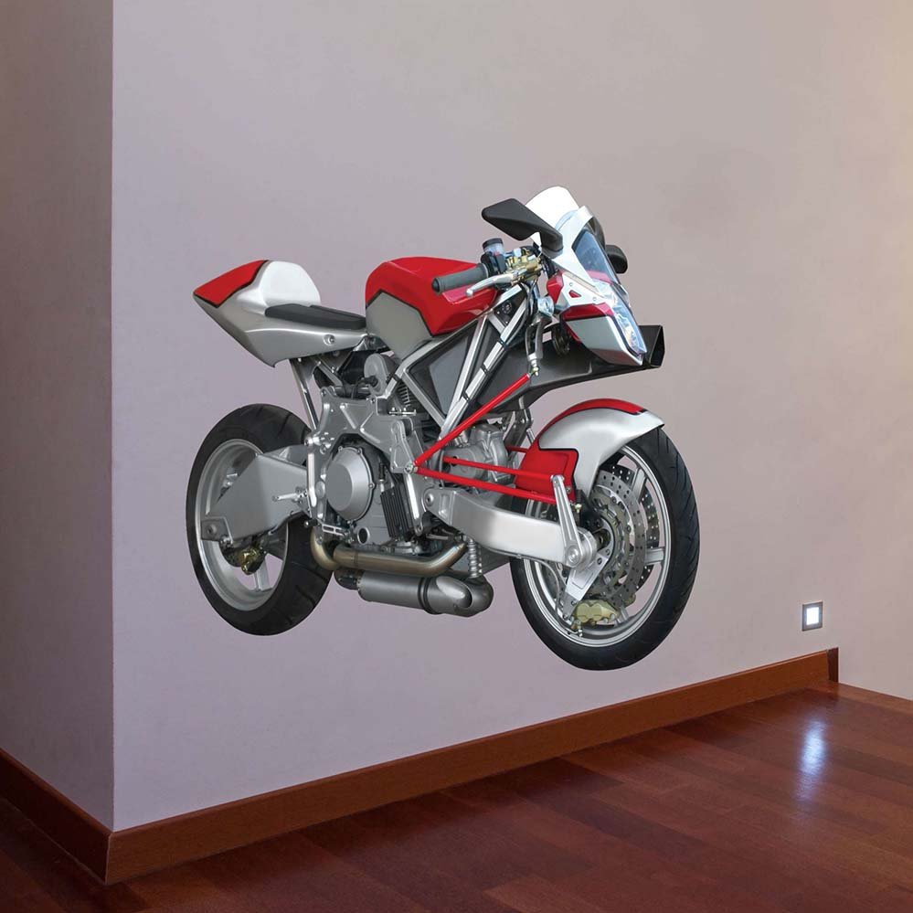 Wall decal of a 48 inch red and silver streetfighter motorcycle on a plain wall.