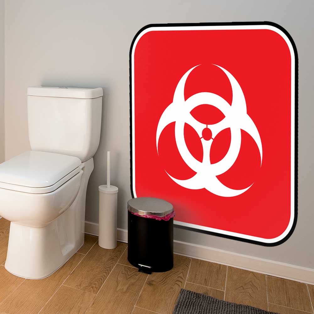 48 inch Red Biohazard Warning Sign Wall Decal Installed in Bathroom