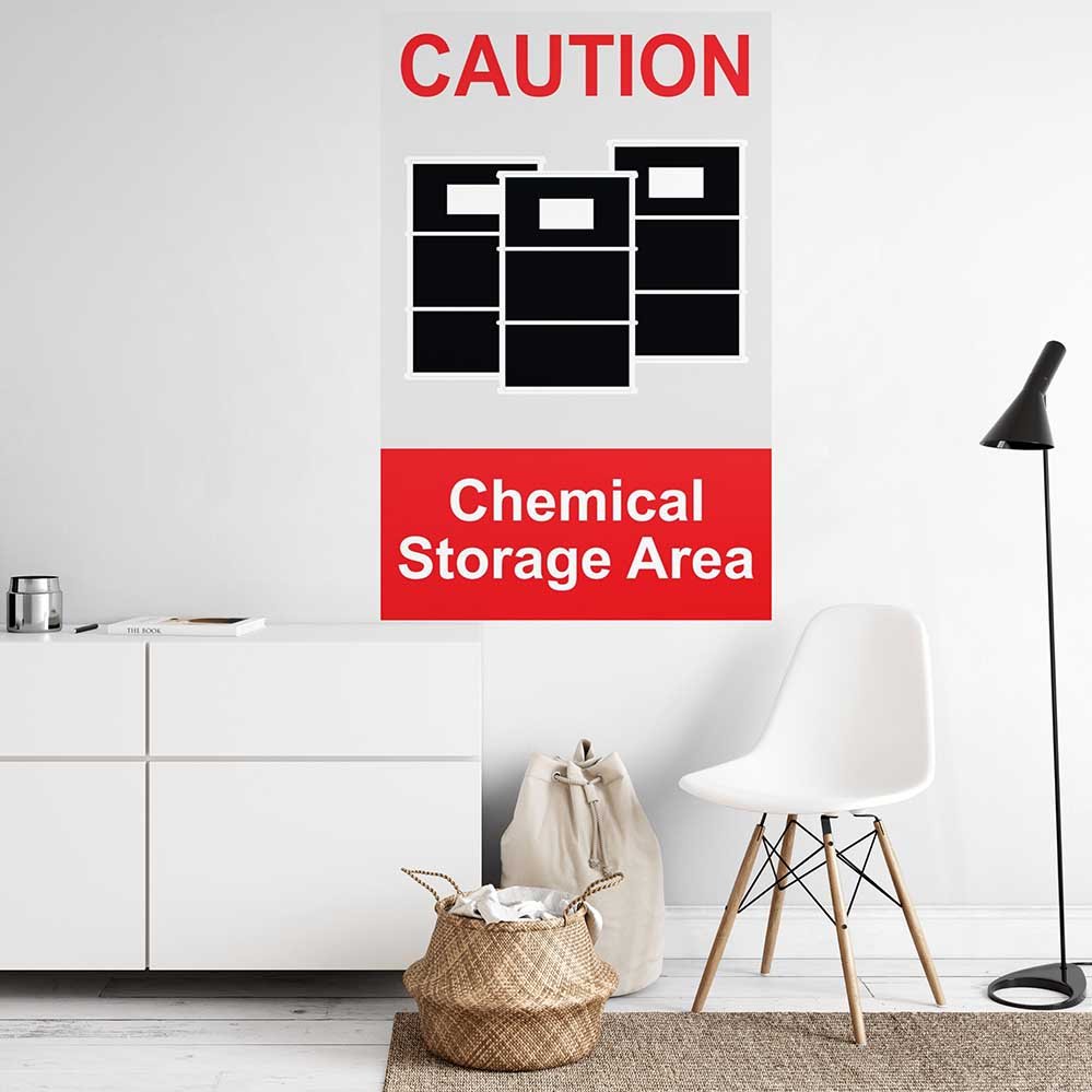 32.5x48 inch Chemical Storage Sign Wall Decal Installed Above Cabinet