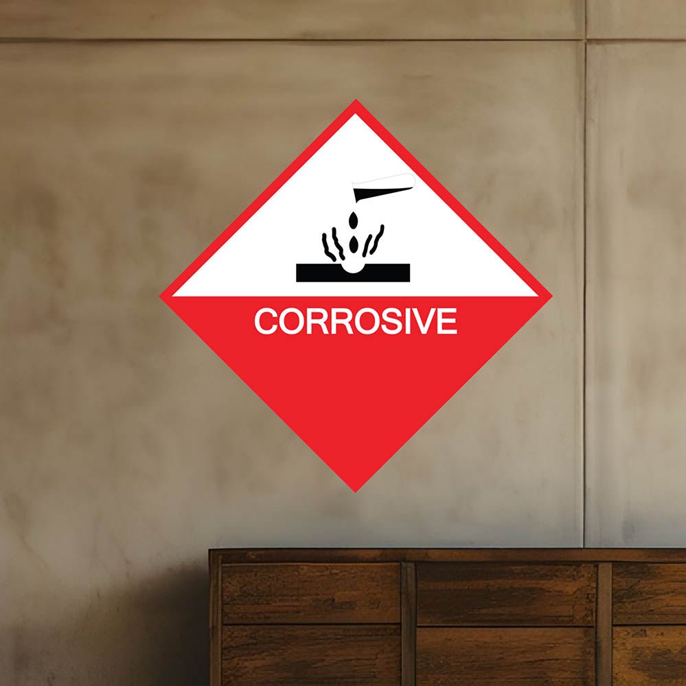 48 inch Corrosive Sign Wall Decal Installed Above Dresser
