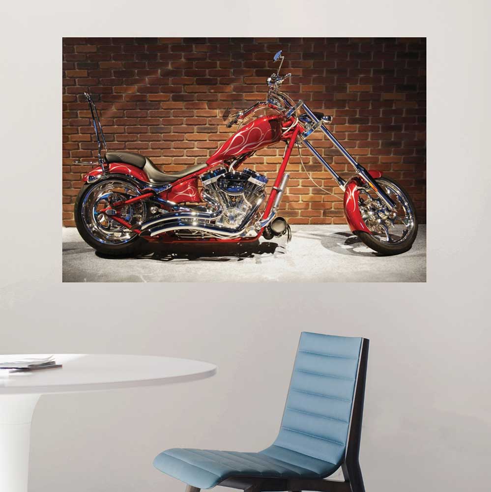 48 inch Red custom chopper against brick wall installed above table and chair