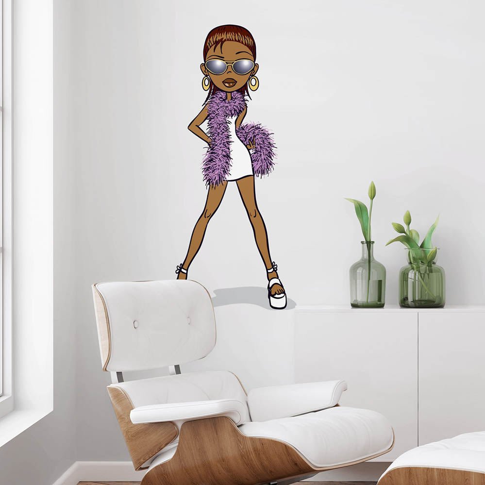48 inch Diva Brat cartoon character die-cut wall decal in a stylish outfit on a white wall above a modern chair.