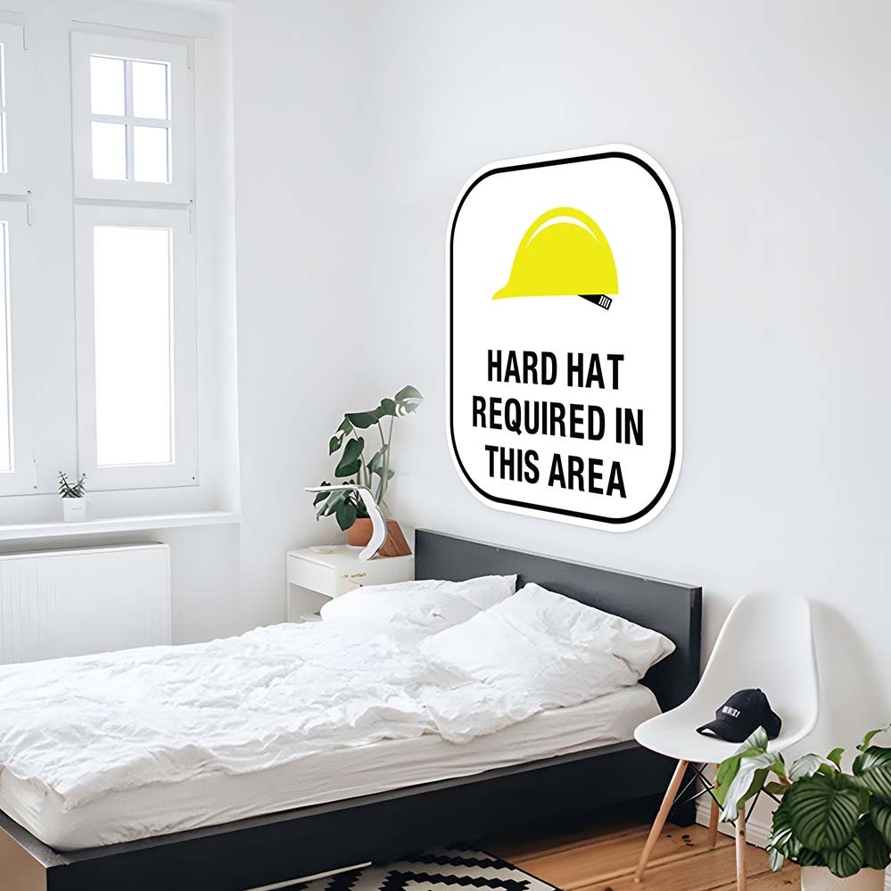 48 inch Hard Hat Sign Wall Decal Installed Above Bed