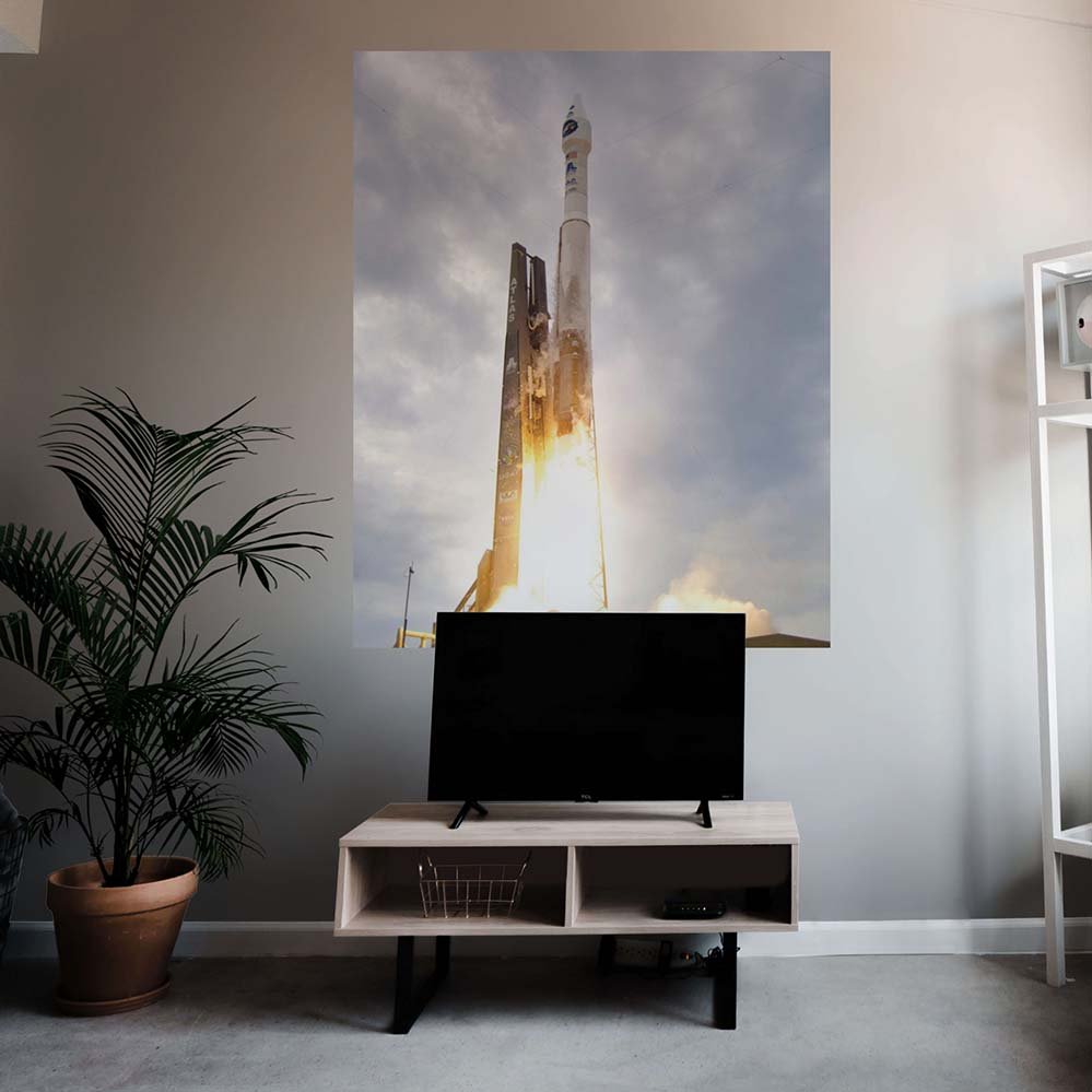 38.5x48 Atlas Rocket Launch Decal Installed Above TV Stand